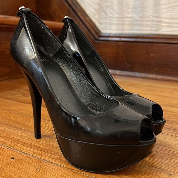 Stuart Weitzman Black Patent Leather Platform Peep Toe Pumps Size 7M - Picture 8 of 11
